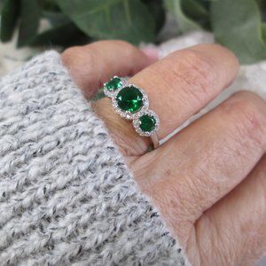 EMERALD 3 Stone 925 Sterling Ring>Halo Design>Sparkly Simulated Diamonds